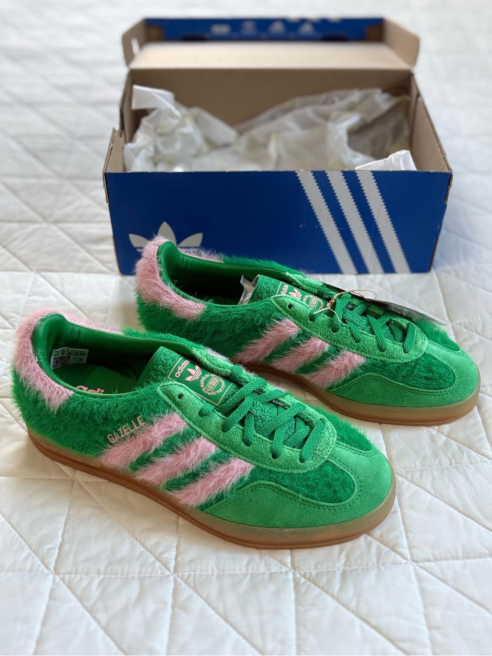 Adidas Gazelle Indoor Green Glow Pink Hairy Mohair-Style Sneakers - Size 7.5 US